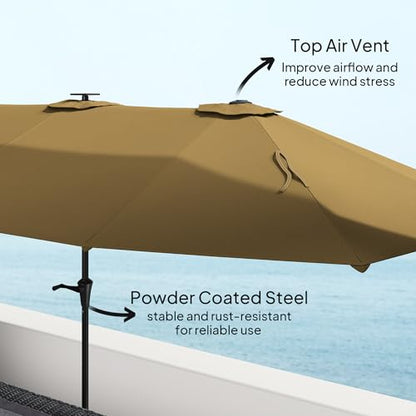 Outsunny 13ft Large Patio Umbrella with Solar Lights, Rectangular Double-Sided Outdoor Market Umbrella with Crank Handle and 48 LED Bulbs for Garden, Pool and Backyard, UPF 30+, Khaki