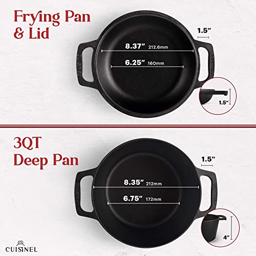 Cuisinel Cast Iron Dutch Oven - 3-Quart Deep Pot - Pre-Seasoned 2-in-1 Multi-Cooker - Combo Lid Doubles as 8"-inch Skillet + Silicone Handle Covers + Scraper - Use for Baking Bread. PFAS and PFOA-free