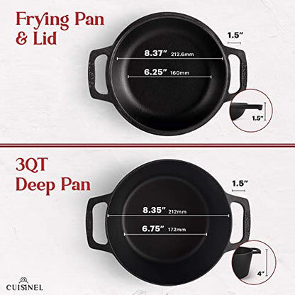 Cuisinel Cast Iron Dutch Oven - 3-Quart Deep Pot - Pre-Seasoned 2-in-1 Multi-Cooker - Combo Lid Doubles as 8"-inch Skillet + Silicone Handle Covers + Scraper - Use for Baking Bread. PFAS and PFOA-free