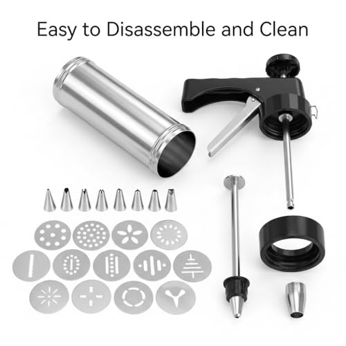 QWORK Stainless Steel Cookie Press Kit – 13 Discs & 8 Tips for Soft Dough, Frosting & Baking Decor