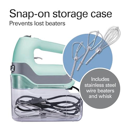Hamilton Beach Professional 5-Speed Electric Hand Mixer with Snap-On Storage Case, QuickBurst, Stainless Steel Twisted Wire Beaters and Whisk, Mint (62658)