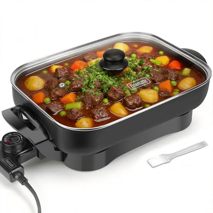 FineMade Family Size Electric Skillet with Lid, XL Electric Skillet, Deep Skillet, Temperature Control, Square 15 x 11.5 Inch Ceramic Nonstick Interior, Graphite