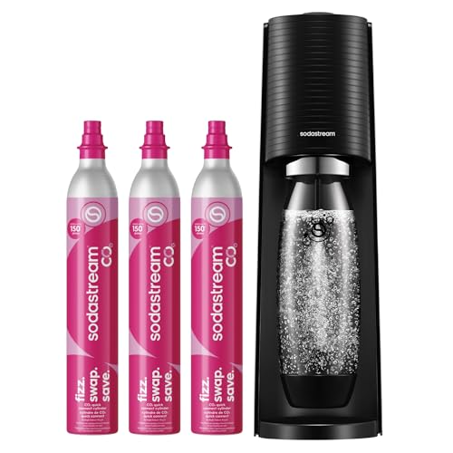 SodaStream TERRA Sparkling Water Maker, CO2 Bundle, CQC CO2 System, Includes 3 Quick Connect 60L CO2 Cylinders, 1 Dishwasher Safe BPA Free Bottle, Make your own Pepsi, Black