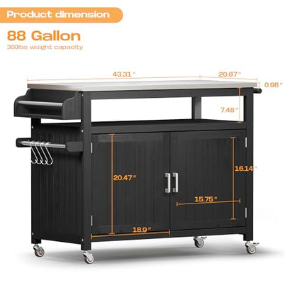 FUQARHY 43.3-Inch Outdoor Kitchen Island with Storage Cabinet and Stainless Steel Top, Solid Wood Prep Station Grill Table with Lockable Wheels for Patio, Backyard, Party (Black)