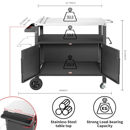 Dining Cart Table with Big Storage Cabinet, Movable Outdoor BBQ Grill Table Pizza Oven Stand, Kitchen Cart Island Multifunctional Food Prep for Inside and Outside