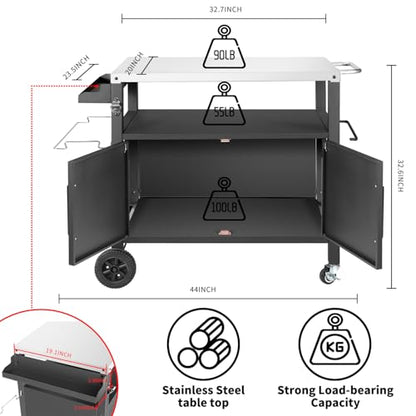 Dining Cart Table with Big Storage Cabinet, Movable Outdoor BBQ Grill Table Pizza Oven Stand, Kitchen Cart Island Multifunctional Food Prep for Inside and Outside