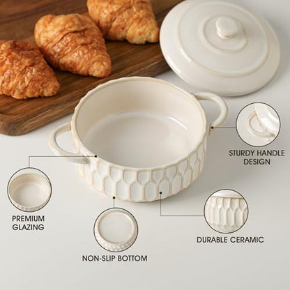 ArteBake Mini Cocotte Set-14 OZ Small Casserole Dishes with Lids and Handles, Individual Ceramic Baking Ramekins for Lasagna, Soufflé, Soup,Oven, Microwave & Dishwasher Safe,set of 4, Beige