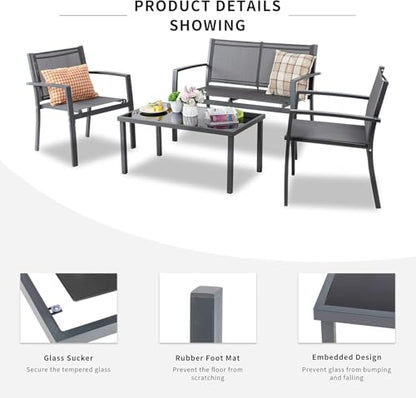 Shintenchi 4 Pieces Patio Furniture Set All Weather Textile Fabric Outdoor Conversation Set, with Glass Coffee Table, Loveseat, 2 Single Chairs for Home, Garden, Lawn, Porch（Gray）
