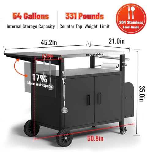 StructoMax XL Outdoor Grill Cart with Cabinet, Extra-Wide Stainless Steel Table Top, Large Spice Rack & Lockable Wheels, Outdoor Kitchen Island Grill Table for BBQ, Cooking & Prep