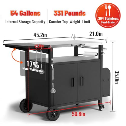 StructoMax XL Outdoor Grill Cart with Cabinet, Extra-Wide Stainless Steel Table Top, Large Spice Rack & Lockable Wheels, Outdoor Kitchen Island Grill Table for BBQ, Cooking & Prep