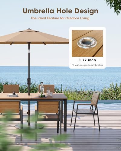ComfCove Outdoor Dining Set, Aluminum Patio HDPS Outdooor Table and Chairs Set with Umbrella Hole, All Weather Patio Furniture Set, Patio Dining Table Set,Gray & Teak,7 Pieces