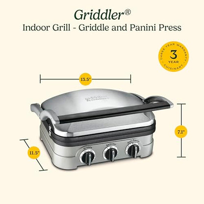 Cuisinart Griddler Indoor Grill, Panini Press, Sandwich Maker & More, 5-in-1 Grilling, Dishwasher-Safe Nonstick Cooking Plates, GR-4NNAS, Stainless Steel
