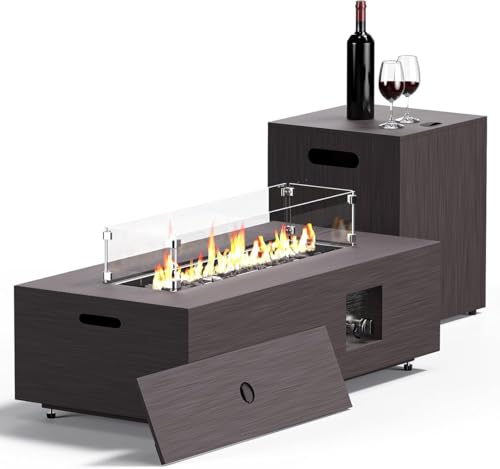 Jocoevol Fire Pit Table 50,000 BTU 42" Rectangular Propane Fire Pit Outdoor with Wind Guard Glass, Lid, Rocks and Cover Gas Fireplace for Deck or Patio