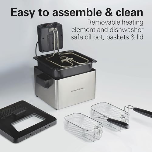 Hamilton Beach Electric Deep Fryer with 2 Baskets and Lid, 4.5 Liters / 19 Cups Oil Capacity, Temperature Control, View Window, Professional Style, 1800 Watts, Stainless Steel (35036)