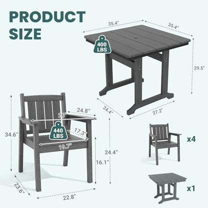 Pamapic 5 PCS Outdoor Dining Set, Spacious HDPE Outdoor Table and Chairs, Wood Grain Patio Furniture Sets with Elegant Armrest, All-Weather Patio Dining Table with Umbrella Hole, Gray