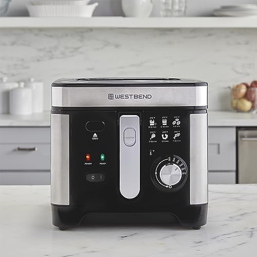 West Bend Deep Fryer with Adjustable Temperature Control Nonstick Basket Easy-View Window and Temperature Guide, Folding Handle and Locking Cover for Easy Storage, 3-Liter, Silver