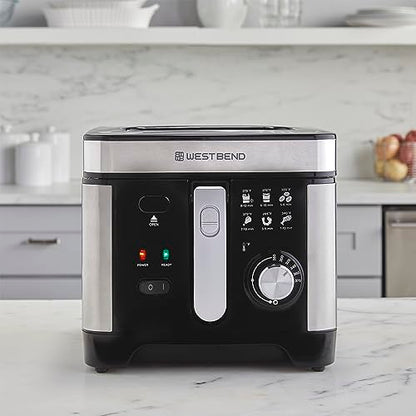 West Bend Deep Fryer with Adjustable Temperature Control Nonstick Basket Easy-View Window and Temperature Guide, Folding Handle and Locking Cover for Easy Storage, 3-Liter, Silver