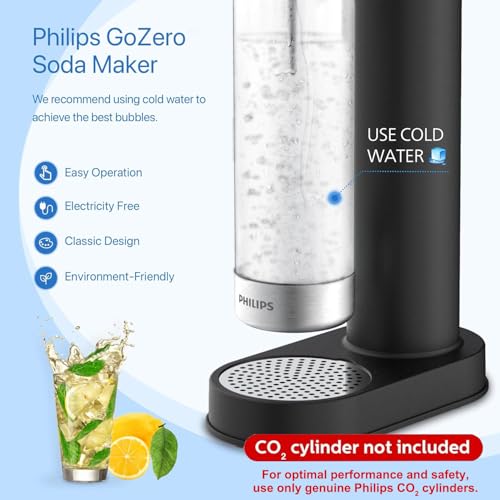 Philips Soda Streaming Machine, Stainless Sparkling Water Maker Easy Install with Quick Twist 1L PET Carbonating Bottle, Soda Maker Compatible with 60L CO2 Carbonator (NOT Included), ADD4902BKOQ/37