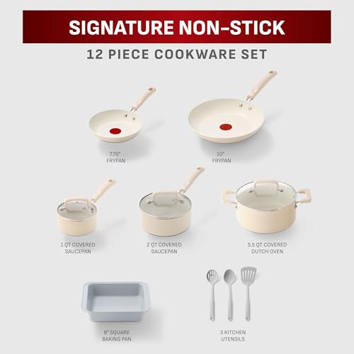 T-fal Signature Nonstick 12 Piece Cookware Set, Oven Safe Up to 350°F, Dishwasher Safe, Pots and Pans Set, Includes Frying Pans, Saucepan, Stockpot, Cooking Utensils, Cream