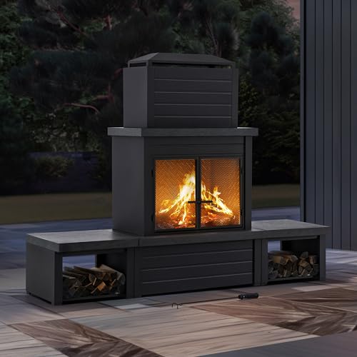SUNJOY Outdoor Fireplace with Wood Storage and Chimney, Steel Wood Burning Firepit with Mesh Spark Screen Door, Fire Poker, Fireplace Tool & PVC Cover, for Patio Garden Deck Backyard, Black/Dark Gray