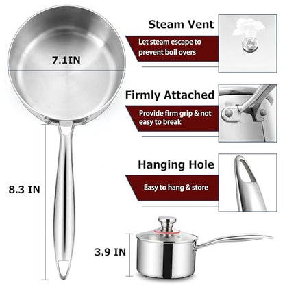 Homikit 3QT Saucepan with Lid, Tri-Ply Stainless Steel Sauce Pan, Induction Cooking Pot with Ergonomic Handle, Small Pot for Cooking, Warming Milk, Boiling Eggs, Dishwasher Safe
