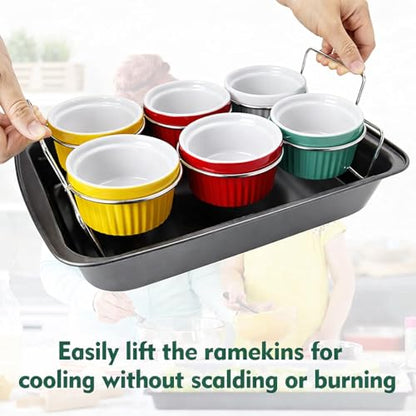 Ramekins set Mother’s Day Gift Set Creme Brulee Making Kit - COLORED 6 Porcelain Ramekins 6 Oz With Silicone Lids - 304 Stainless Steel Lifting Rack And 9.5" X 14" Baking Pan - Oven Safe
