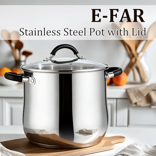 E-far 12 Quart Stock Pot, Stainless Steel Pot with Lid for Cooking Soup Simmering Stew, Tall Induction Pot w/Tri-Ply Thick Base, Large Cooking Pot w/Dual Heat Proof Handles, No-Toxic & Dishwasher Safe