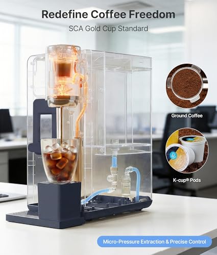 EXNOS 3-in-1 Water Dispenser with Ice Maker - Hot/Cold/Warm Water, Adjustable Water Volume, Countertop, Compact Coffee Brewer for Home & Office, Deep Navy