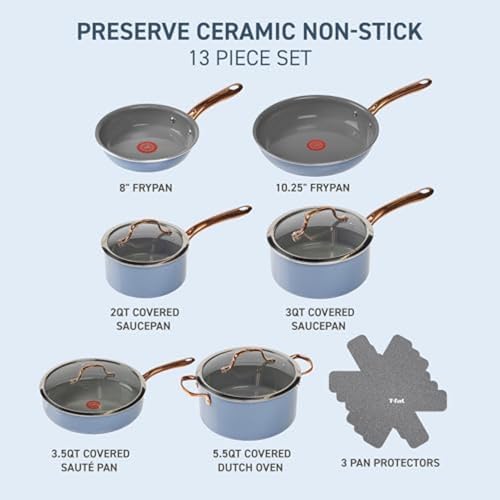 T-Fal Preserve Ceramic, Non stick Cookware Set 13-Piece, Oven & Broiler Safe up to 350°F, Includes Stockpot, Saucepans, Frying Pans, Protectors, Pots and Pans, Blue