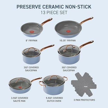 T-Fal Preserve Ceramic, Non stick Cookware Set 13-Piece, Oven & Broiler Safe up to 350°F, Includes Stockpot, Saucepans, Frying Pans, Protectors, Pots and Pans, Blue