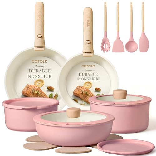 CAROTE Pots and Pans Set, Nonstick Cookware Set Detachable Handle, 19pcs Induction Kitchen Cookware Sets Non Stick with Removable Handle, RV Cookware Set, Oven Safe, Pink