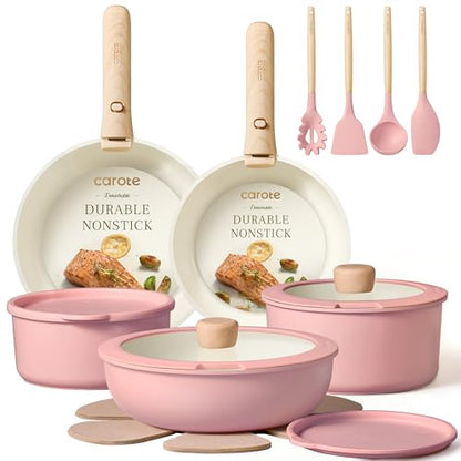 CAROTE Pots and Pans Set, Nonstick Cookware Set Detachable Handle, 19pcs Induction Kitchen Cookware Sets Non Stick with Removable Handle, RV Cookware Set, Oven Safe, Pink
