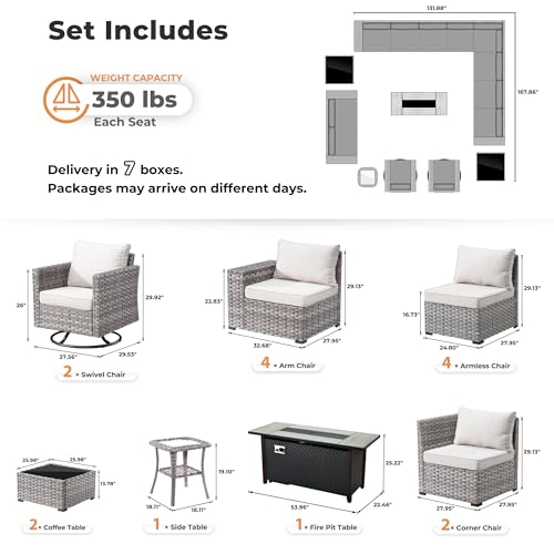 ovios 16 Pieces Patio Furniture Set, Outdoor Wicker Sectional Sofa Couch with 54" Fire Pit Table Swivel Chairs, Modern Modular Deep Seat Rattan Conversation Sets, Beige