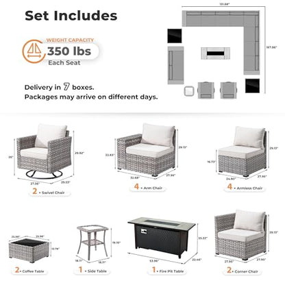 ovios 16 Pieces Patio Furniture Set, Outdoor Wicker Sectional Sofa Couch with 54" Fire Pit Table Swivel Chairs, Modern Modular Deep Seat Rattan Conversation Sets, Beige