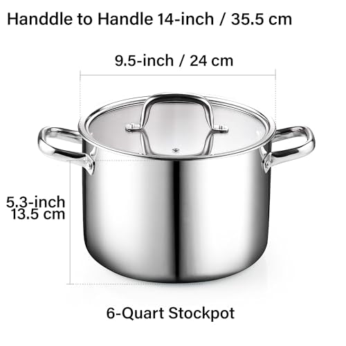 Cook N Home Classic Tri-Ply Clad Stock pot, Stainless Steel Stock pot with Lid, Cooking Pot for Pasta, Spaghetti, Large Soup Pot with Handle, Cookware for Canning, Boiling, Simmer, Oven Safe, 6-Quart