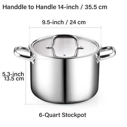 Cook N Home Classic Tri-Ply Clad Stock pot, Stainless Steel Stock pot with Lid, Cooking Pot for Pasta, Spaghetti, Large Soup Pot with Handle, Cookware for Canning, Boiling, Simmer, Oven Safe, 6-Quart
