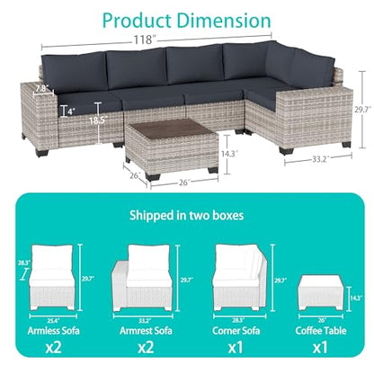 Muphyers 6-Piece Outdoor Patio Furniture Set Wicker Sectional Sofa Set, Patio Conversation Set with Thickened Cushions & Coffee Table for Garden, Backyard, Poolside, Dark Grey