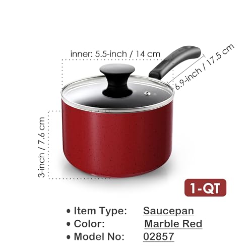 Cook N Home Basic Nonstick Saucepan with Glass Lid, Non Stick Aluminum Sauce Pan, Small Multi-purpose Kitchen Pot, Milk Chocolate Cooking Pot Pan with Stay-Cool Handle, 1-Quart, Marble Red