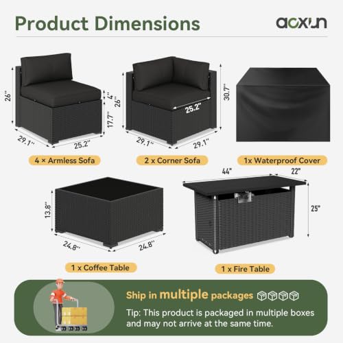 Aoxun 8 Piece Patio Furniture Set with 44” Fire Pit Table, Wicker Rattan Patio Sectional Sofa, Outdoor Furniture Set with Thickened Cushion, Black