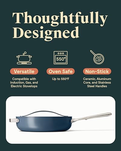 Caraway Nonstick Ceramic Sauté Pan with Lid (4.5 qt, 12") - Non Toxic, PTFE & PFOA Free - Oven Safe & Compatible with All Stovetops (Gas, Electric & Induction) - Navy