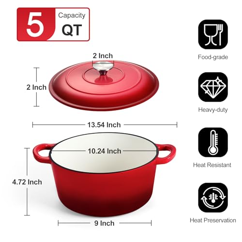P&P CHEF 5QT Enameled Dutch Oven, Cast Iron Dutch Oven Pot with Lid for Bread Baking, Enameled Casserole Pot for Roasting Braising Stewing Frying Simmering, Various Stoves & Easy Clean, Red