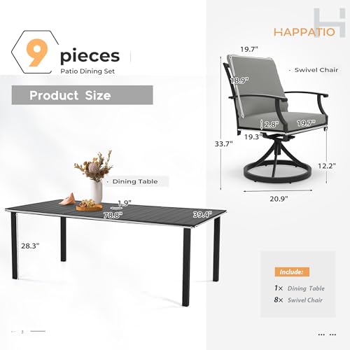 HAPPATIO 9-Piece Patio Dining Set, Outdoor Dining Set with Powder-Coated Metal,Dining Table with Umbrella Hole, 8 Swivel Chairs with Removable Cushions for Porch Poolside Garden,Grey