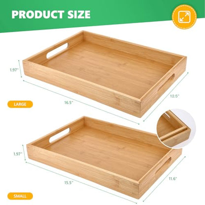 Sgigiul Bamboo Dinner Food Trays for Eating On Couch Party Platters for Serving Food Decorative Tray for Kitchen Counter Rectangle(16.5" Lx11.6''W and 15.5''Lx10.6''W)