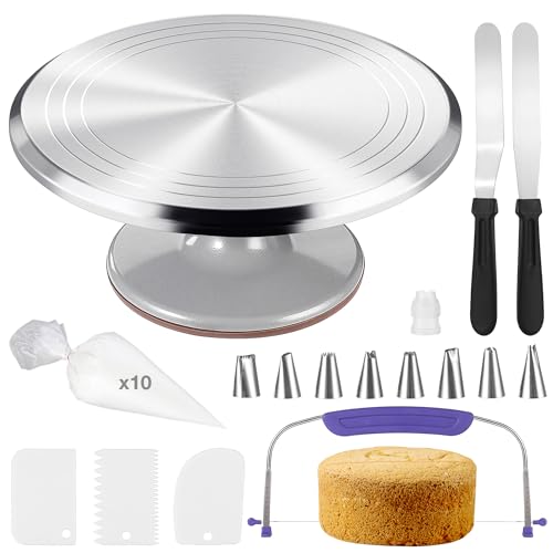 12 Inch Cake Turntable Decorating Stand with Aluminum,Cake Turntable Decorating Kit,Rotating Cake Stand Cake Spinner Stand Leveler Set Pastries Decorations Cake Turner Table Tools