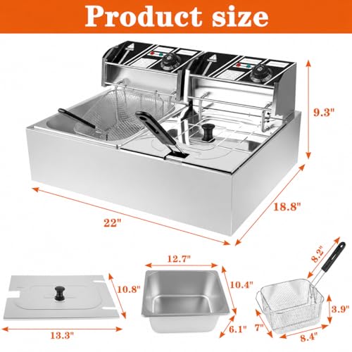 CooFel 20QT Electric Deep Fryer with Dual Baskets & Lids, 5000W Commercial Countertop Stainless Steel Double Tank Fryer with Temperature Control, for Restaurant & Home Use