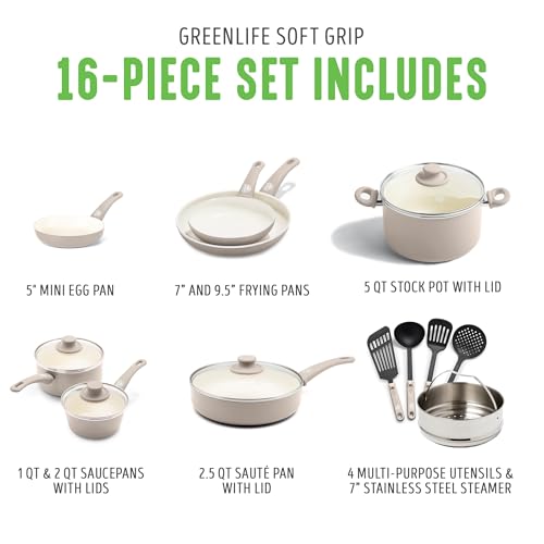 GreenLife 16 Piece Nonstick Cookware Set, Soft Grip Non-Toxic PFAS-Free Ceramic Pots & Pans, Dishwasher & Oven Safe, Frying, Sauce, Saute, Utensils, Glass Lids, Stay-Cool Handles, Wobble Free, Taupe