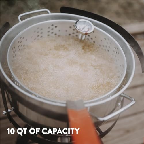 Gas One Aluminum Cooking Pot Deep Fryer with Basket – 10QT Aluminum Fry Pot with Easy Grip Handle – Durable Food Grade Outdoor Fryer with Perforated Strainer Basket – Ideal for Seafood, Chicken