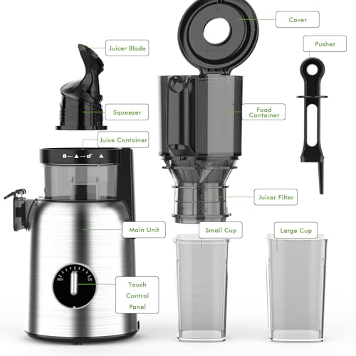 Kismile 300W Cold Press Juicer, 5.4" Wide Feed Chute, Slow Masticating Juicer Machines Vegetable and Fruit, Electric Juicers Juice Maker with Reverse Function, Stainless Steel Juicer Easy to Clean