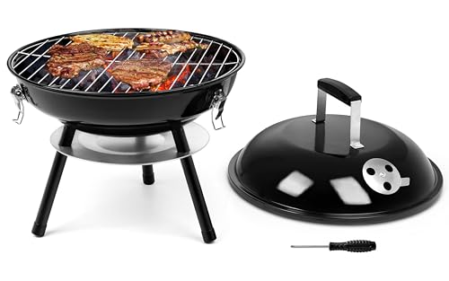 14Inch Portable Outdoor Charcoal Grill, Leonyo Small Tabletop BBQ Charcoal Grill Enamel Coated for Backyard Cooking, Camping, Picnics, Garden, Beach, Black
