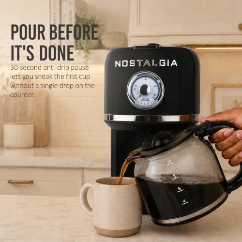 Nostalgia Classic Retro 10 Cup Coffee Maker - One-Touch Drip Brew, Reusable Filter - Anti-Drip, Auto Shutoff, & Time Display - Dishwasher Safe 50 oz Carafe - Black